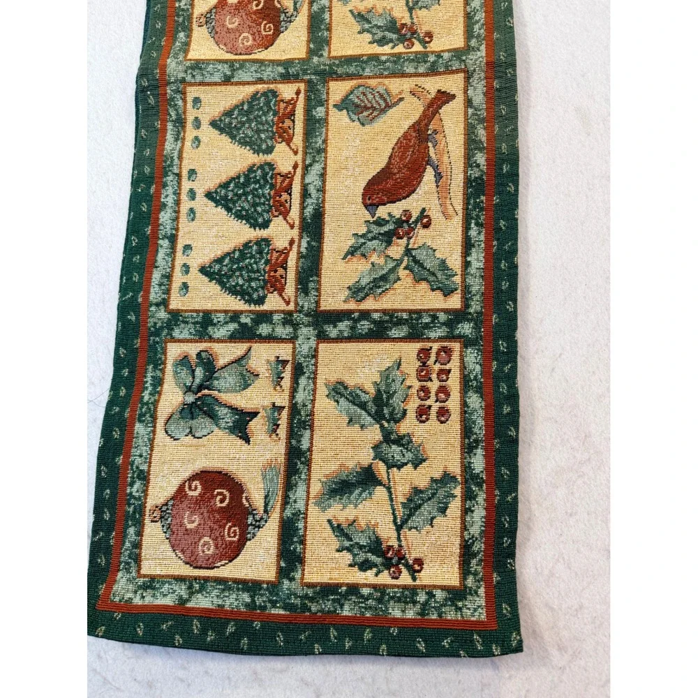 Christmas Woven Tapestry Table Runner Cardinal Holly Tree Green Red 12x 70